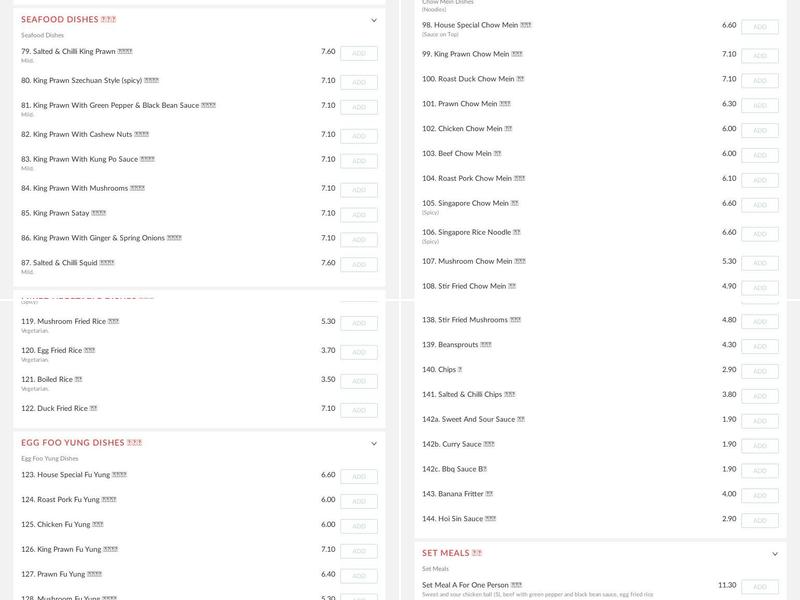 White Hart Chinese Takeaway Menu