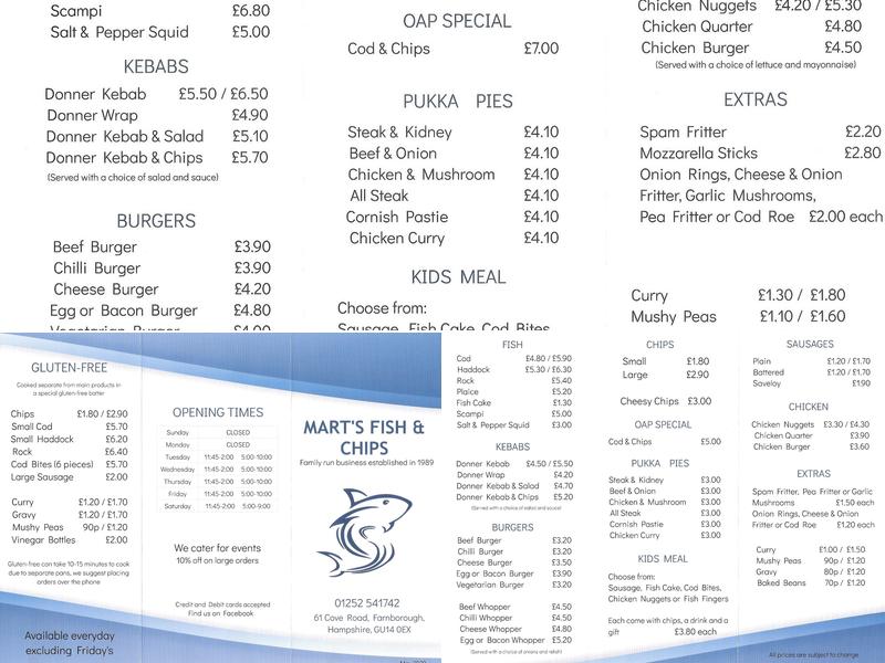 Marts Fish And Chips Menu