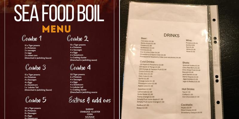 Jaslicking Seafood Boil, Kent Menu