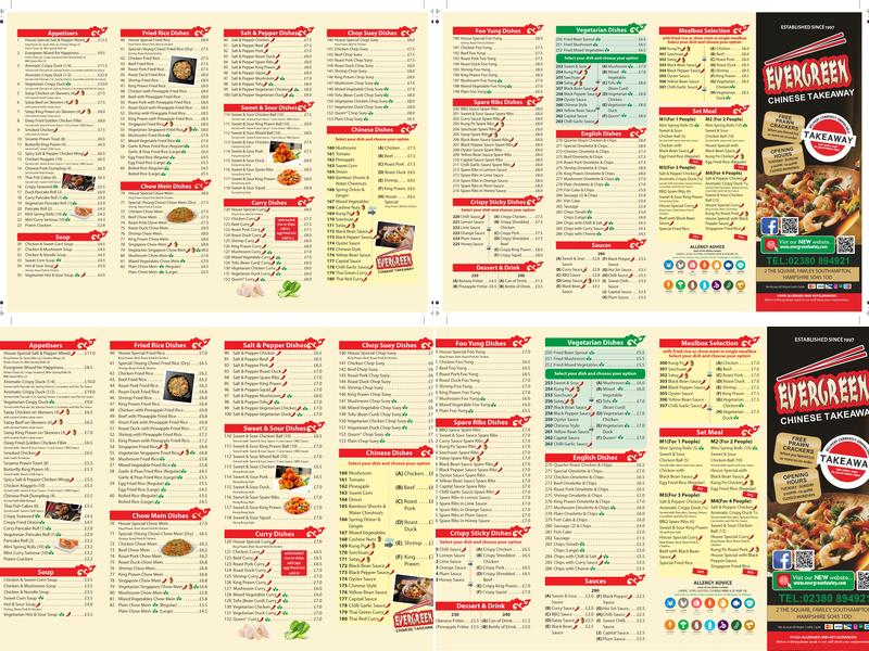 Evergreen Chinese Takeaway Menu