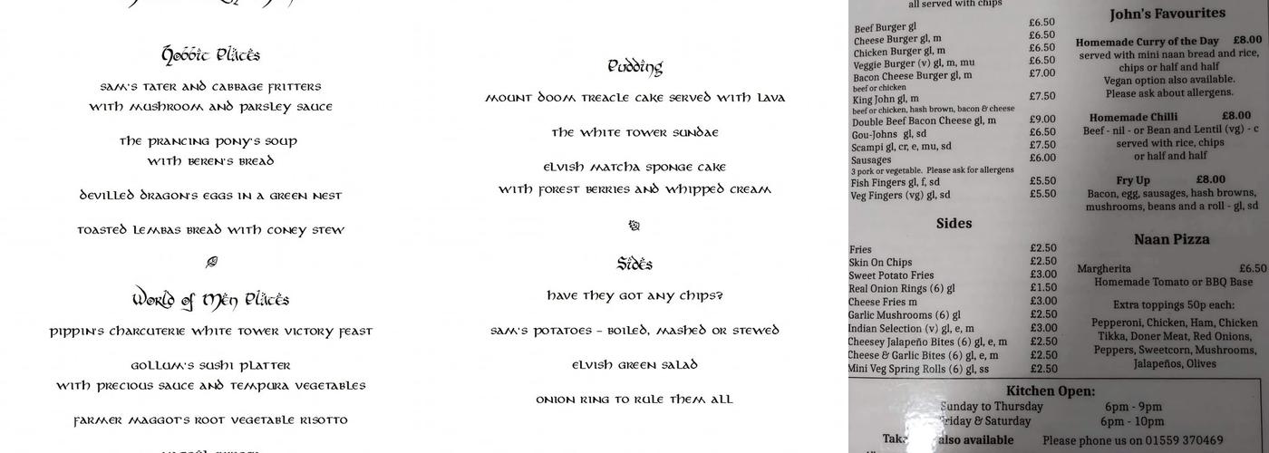 Tafarn John Y Gwas Menu