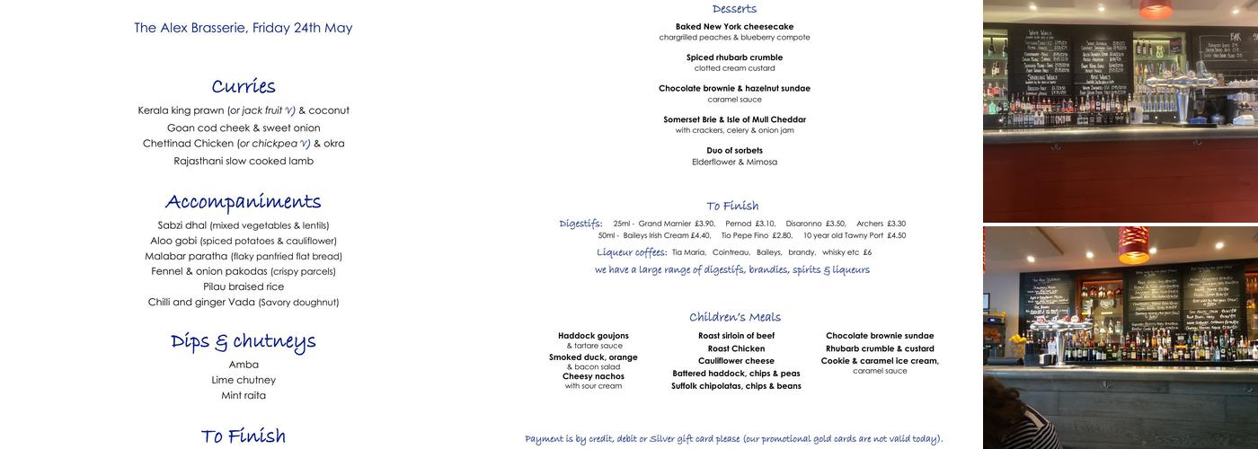 The Alex Café Bar & Brasserie Menu
