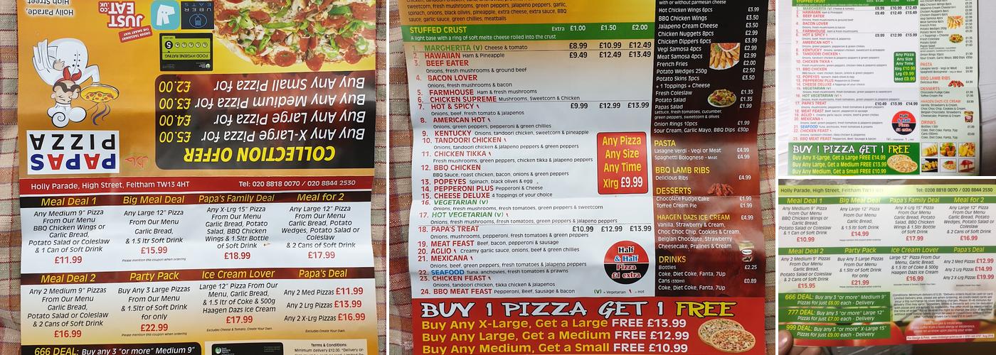 Papas Pizza Menu