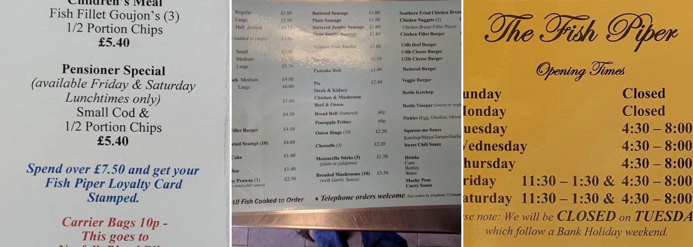 The Fish Piper Menu