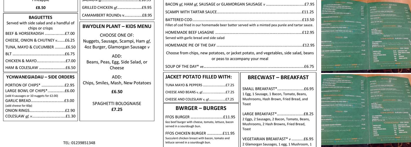 Ffostrasol Arms Menu