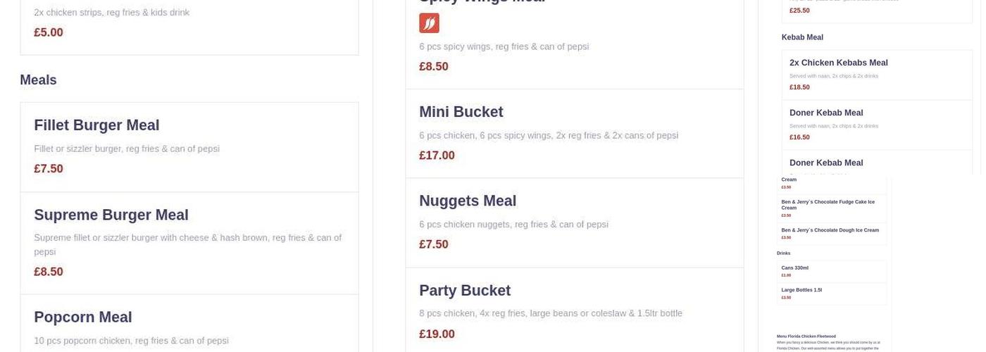 Florida chicken Menu