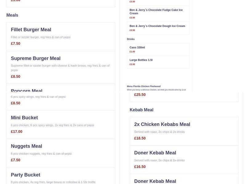 Florida chicken Menu