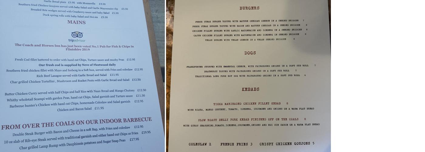 The Coach & Horses Flint Mountain Menu