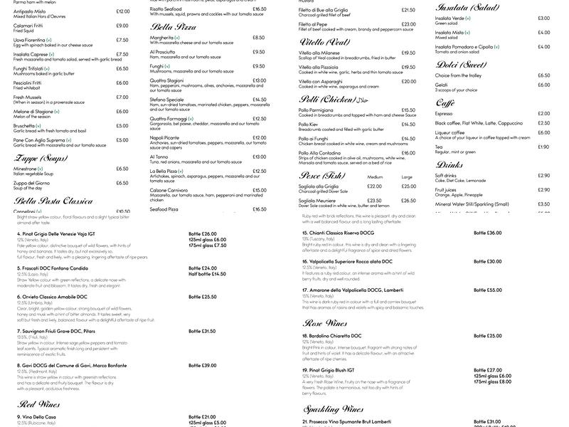 Bella Pizza & Pasta Menu