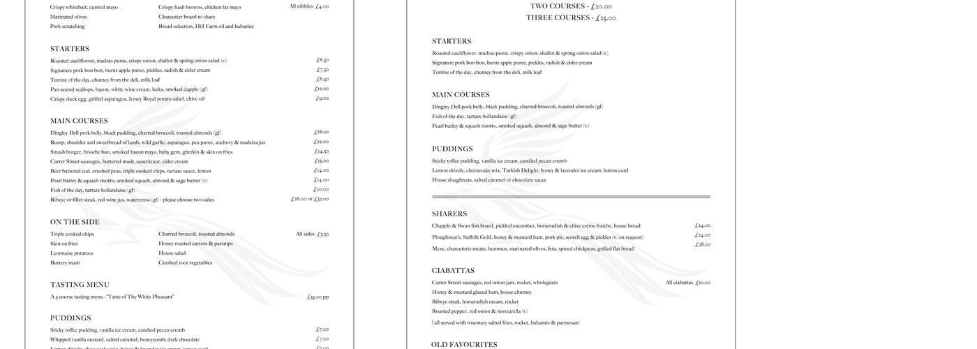 The White Pheasant Fordham Menu