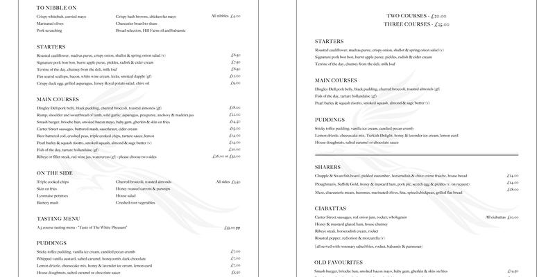 The White Pheasant Fordham Menu
