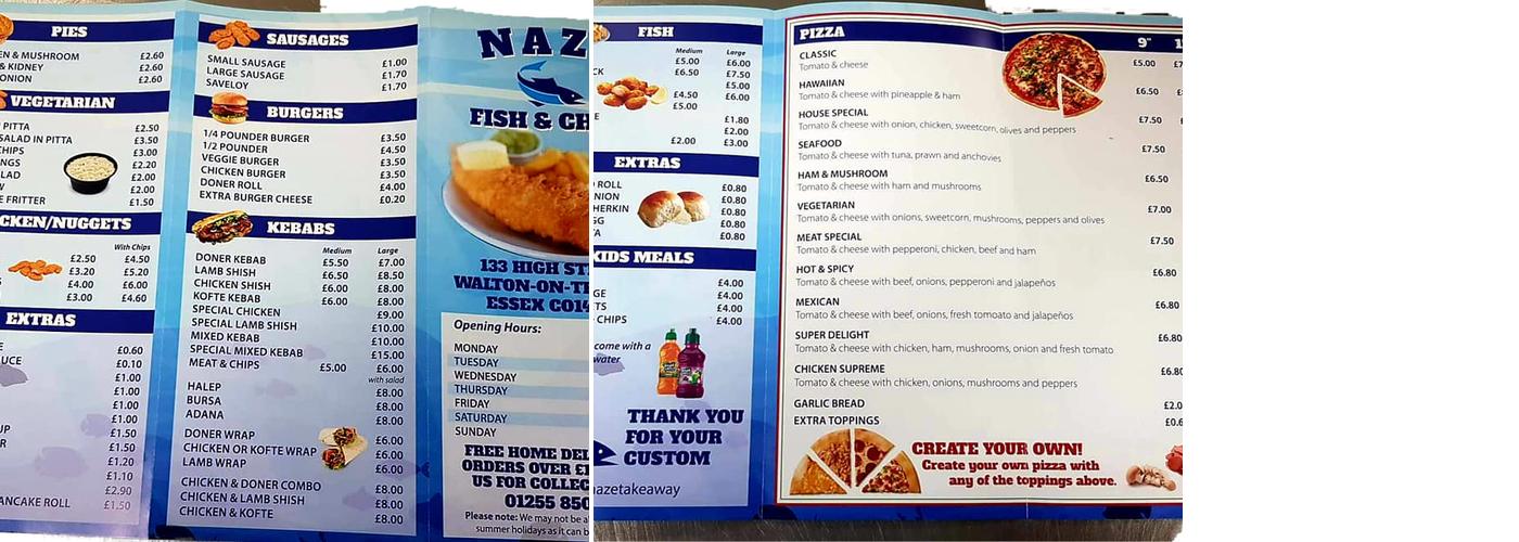 Naze fish & chips takeaway Menu