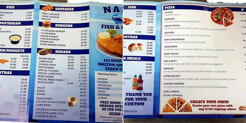 Naze fish & chips takeaway Menu