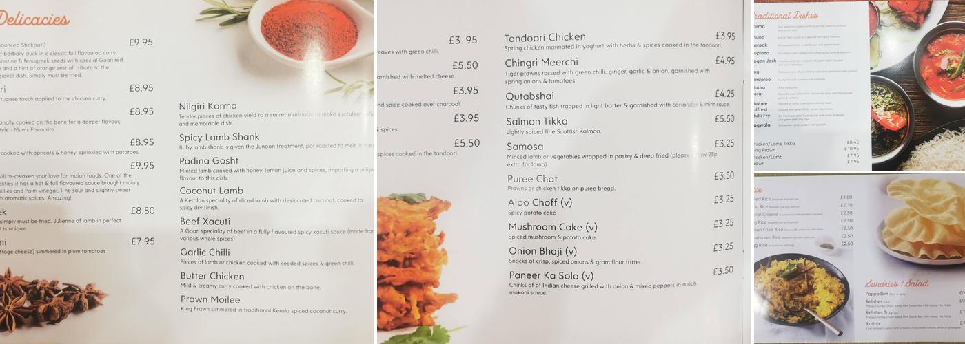 Junoon helsby Menu
