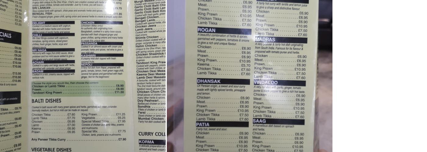 Sher Khan Menu