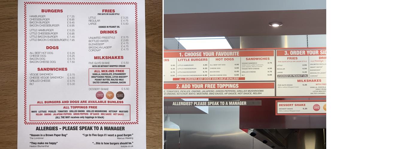 Five Guys York Designer Outlet Menu