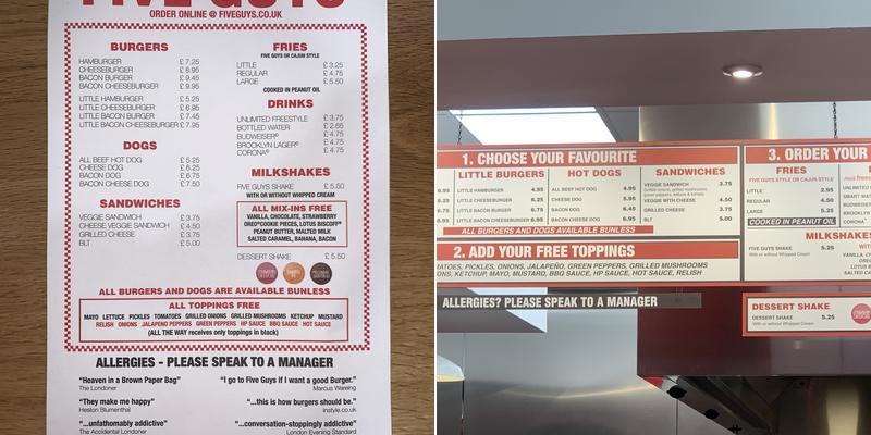 Five Guys York Designer Outlet Menu