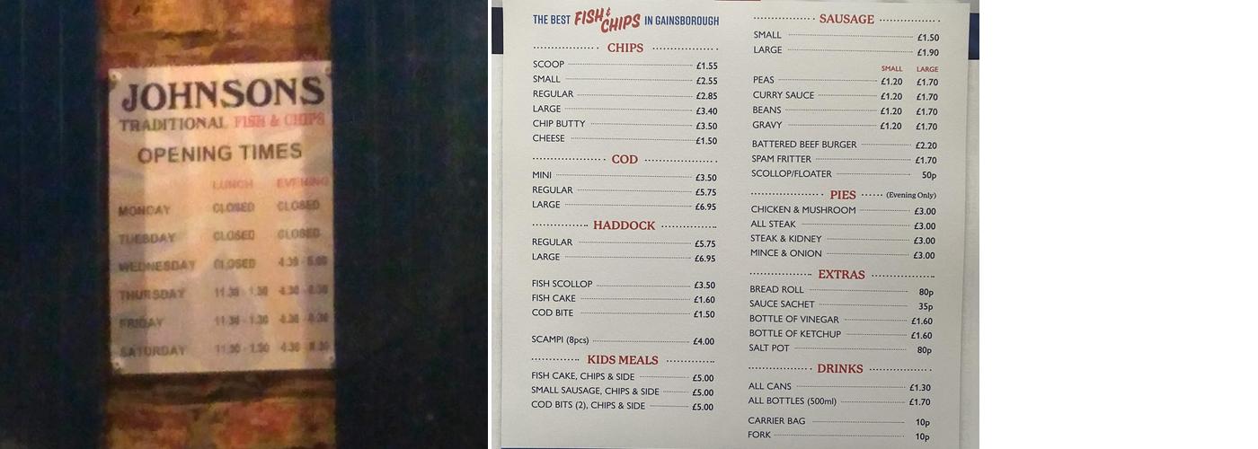 Johnsons Traditional Fish & Chips Menu