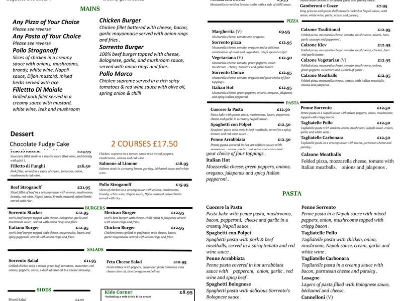 Sorrento Restaurant Menu