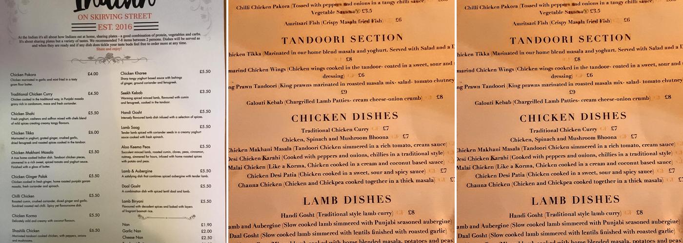 The Indian on Skirving Street Menu