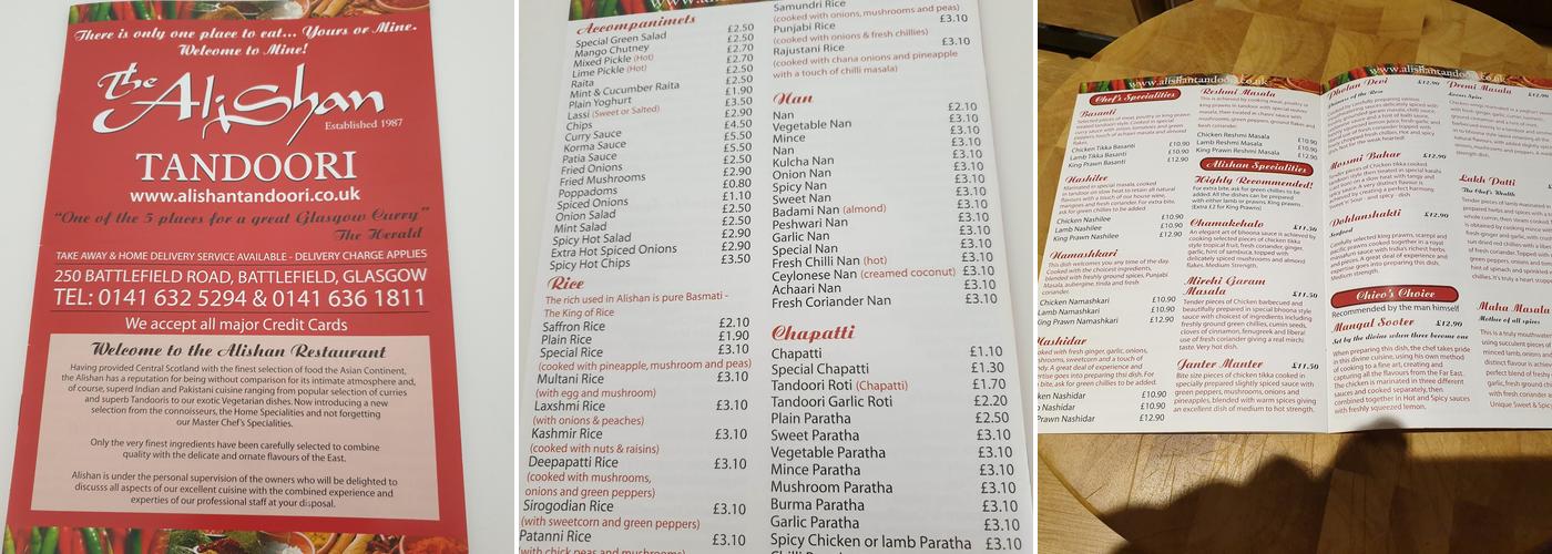 Alishan Tandoori Menu