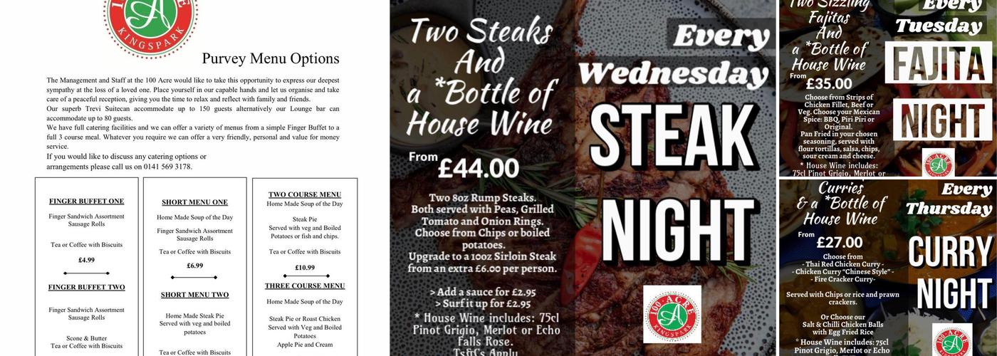 100 Acre Function Suite Menu