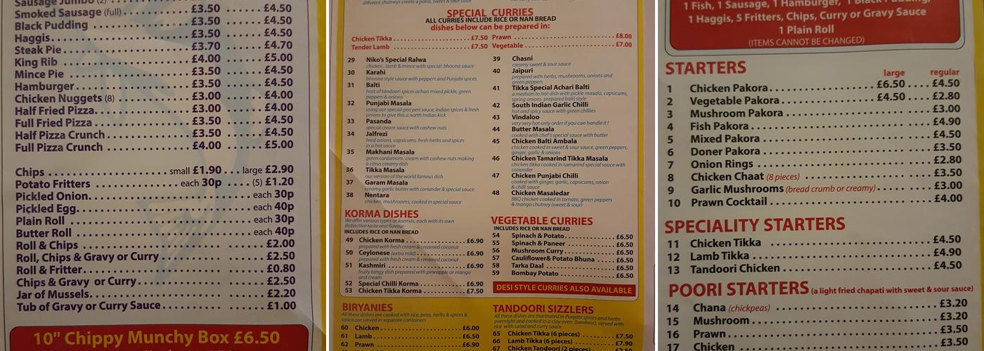 Niko's Indian Takeaway & Chip Shop Menu