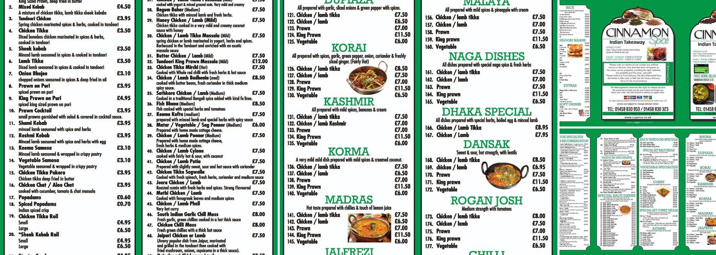 Cinnamon Spice Indian Takeaway Glastonbury Menu