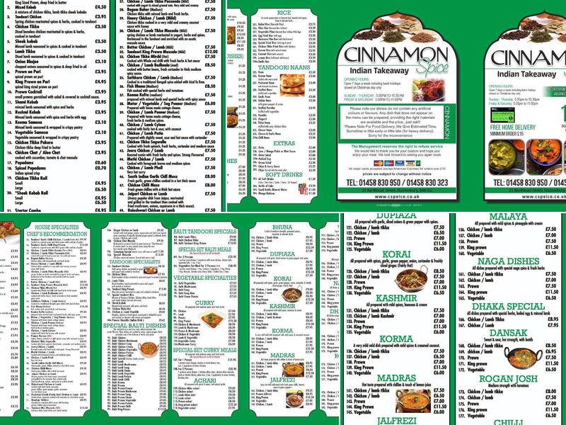 Cinnamon Spice Indian Takeaway Glastonbury Menu