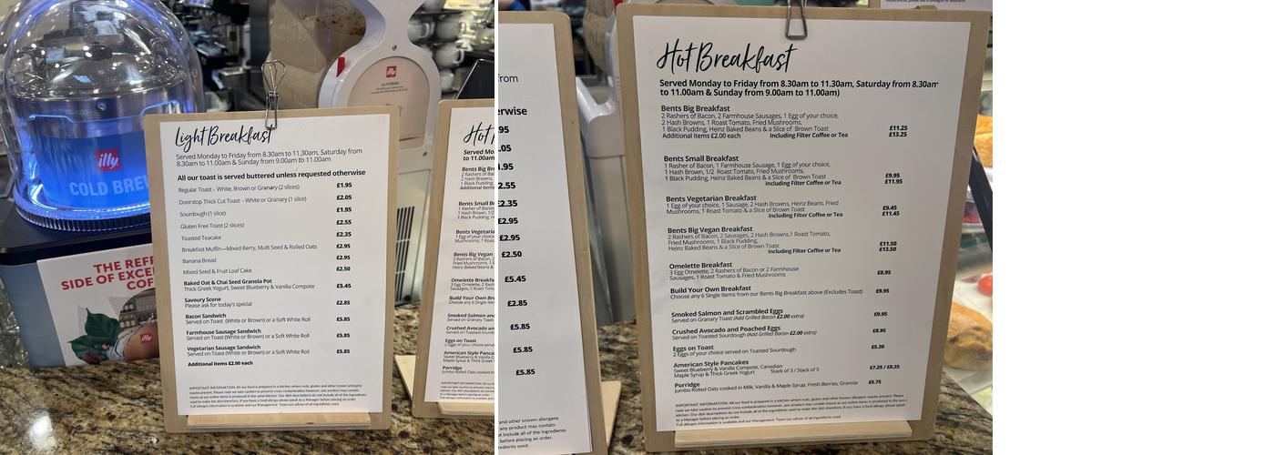 Bents - The Fresh Approach Restaurant Menu