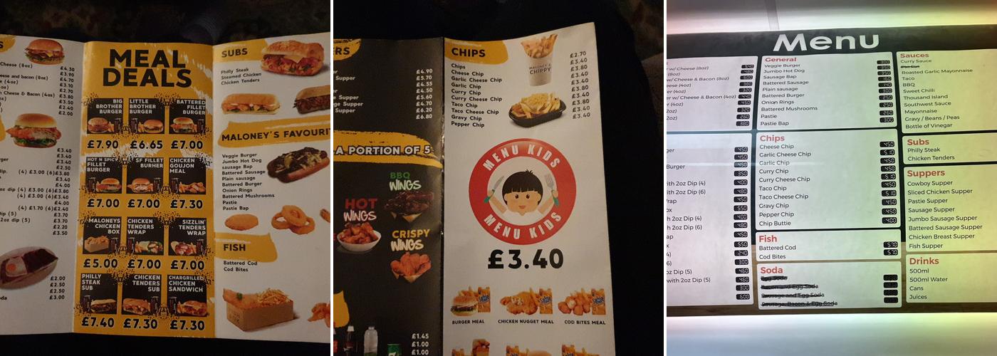 Maloney's Chippy Menu