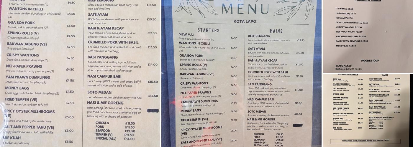 Kota Lapo Indonesian Street Food Menu