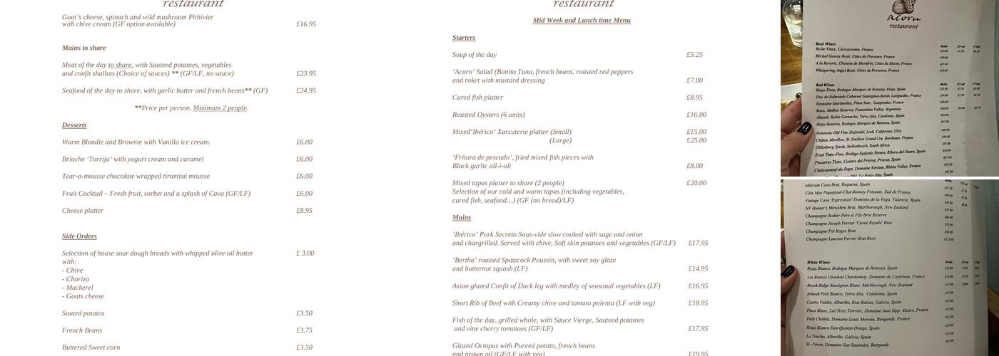 Acorn Restaurant Menu