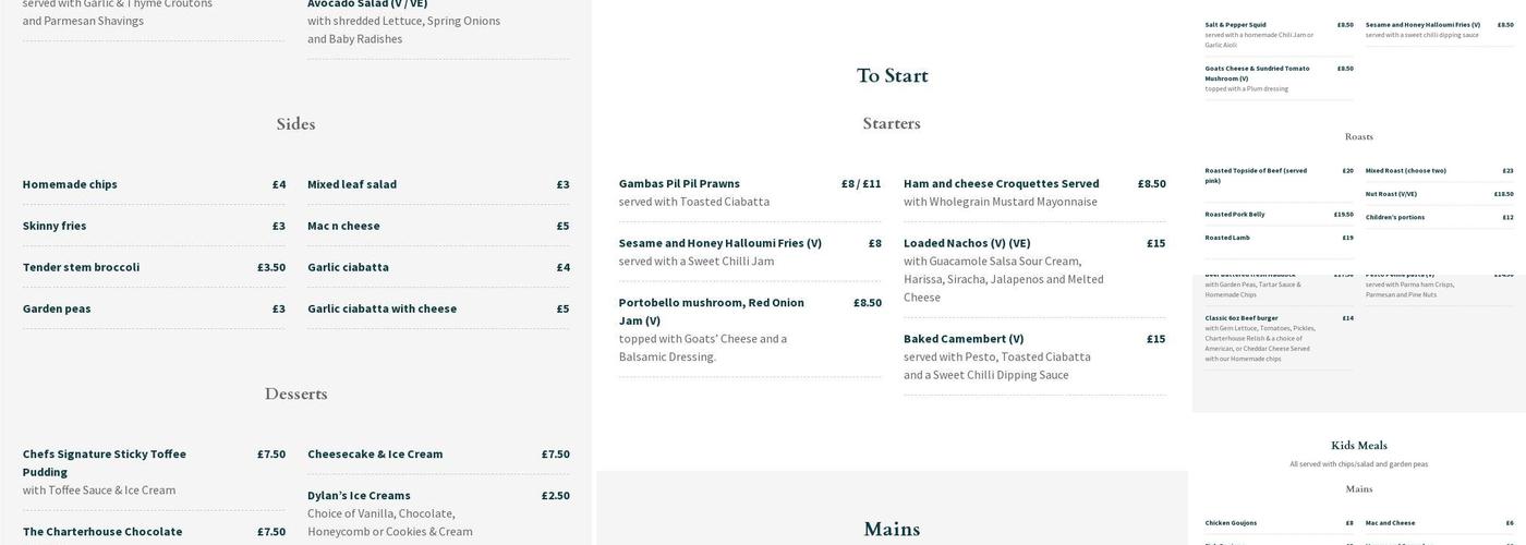 The Charterhouse Pub Menu