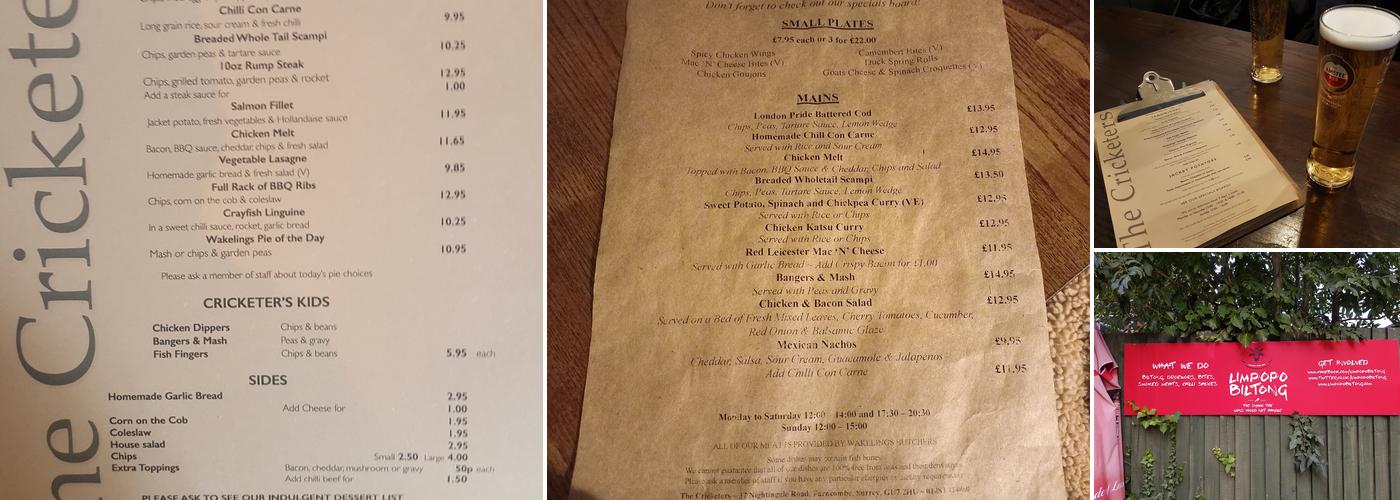 The Cricketers, Farncombe Menu
