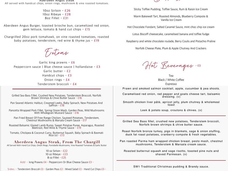 SW1 Restaurant Menu