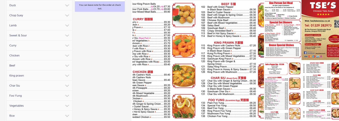 TSE'S Chinese Takeaway Menu