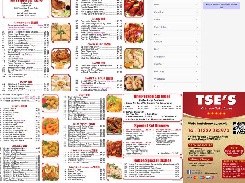 TSE'S Chinese Takeaway Menu