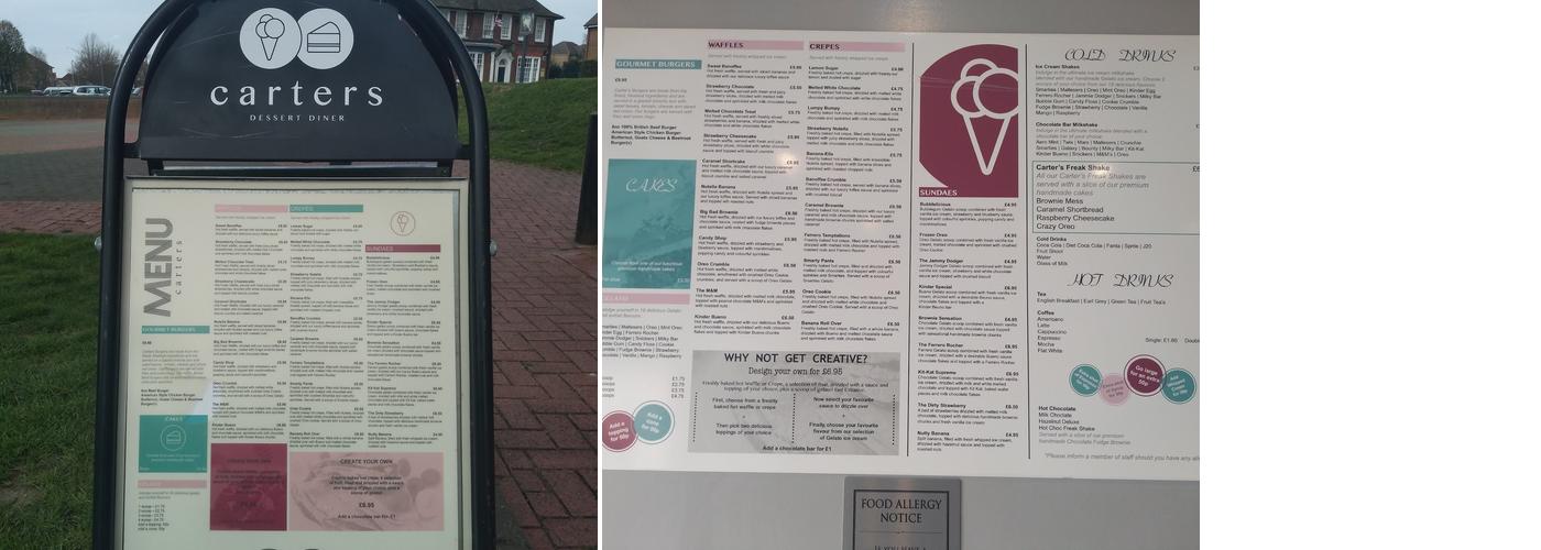 Carters Dessert Diner Menu