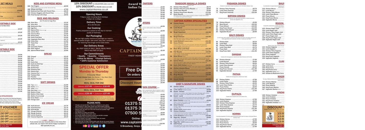Captain Korma Grays Menu