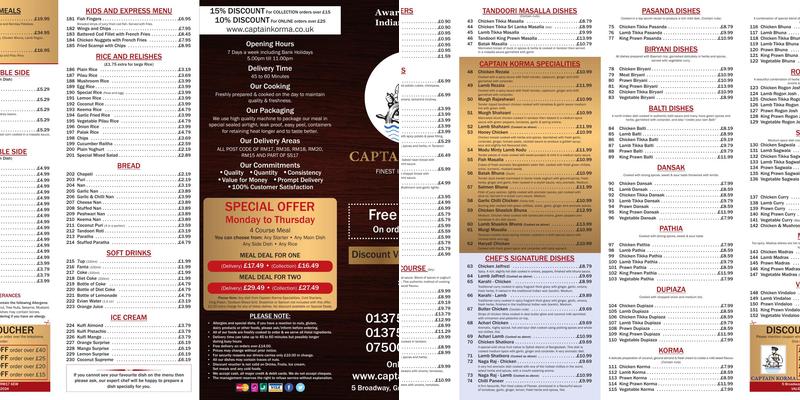 Captain Korma Grays Menu
