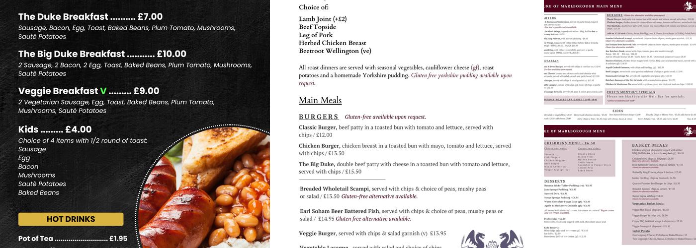 The Duke of Marlborough Menu