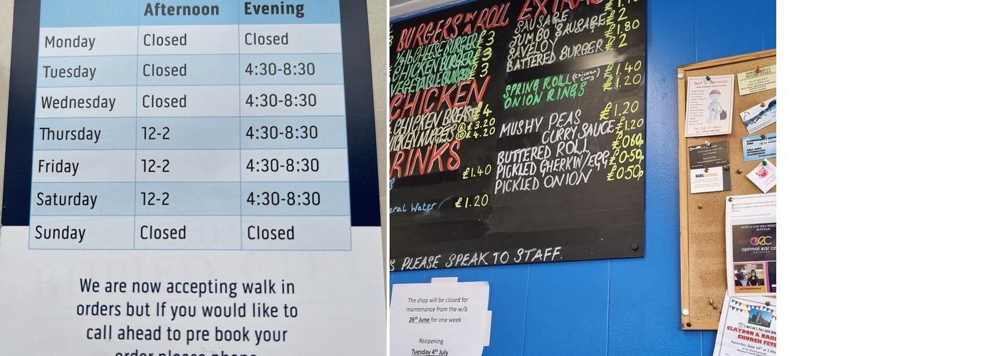 Claydon Chippy Menu