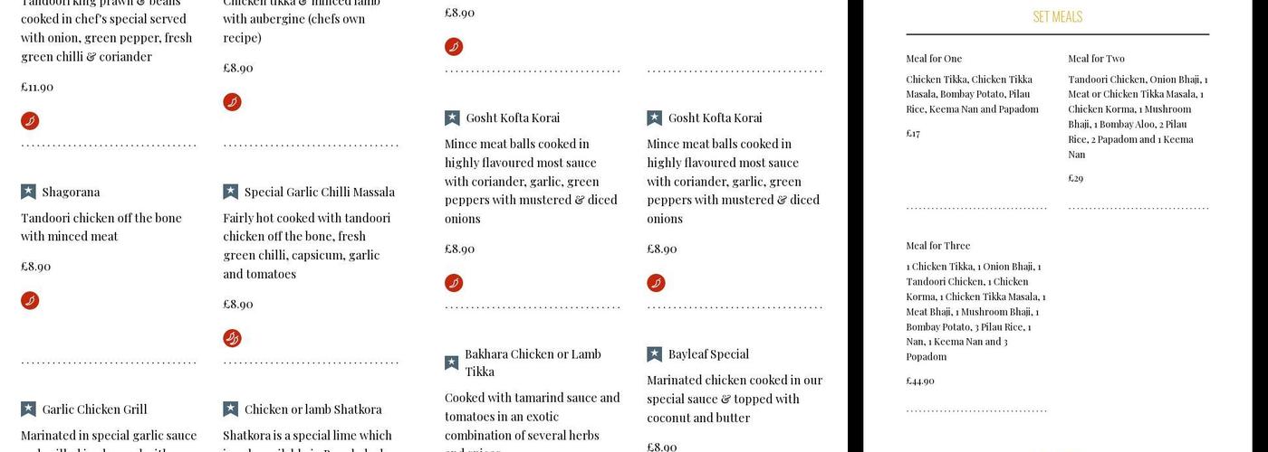 Bayleaf Indian Takeaway Menu