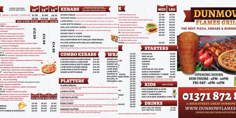 DUNMOW FLAMES Menu