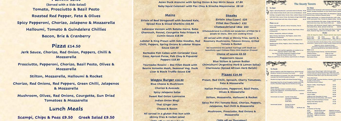 The Snooty Tavern Menu