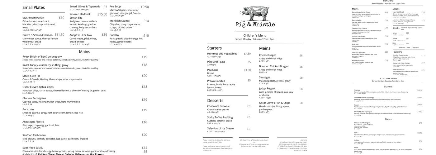 The Pig And Whistle Menu