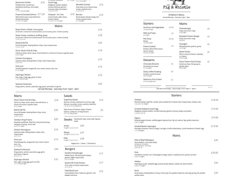 The Pig And Whistle Menu