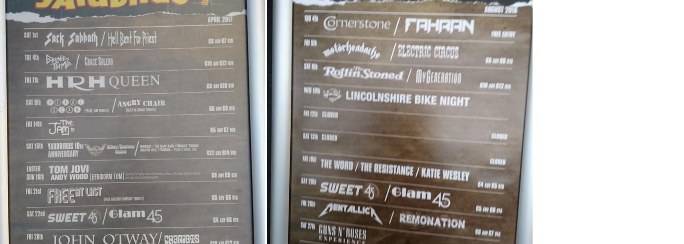 Yardbirds Rock Club Menu