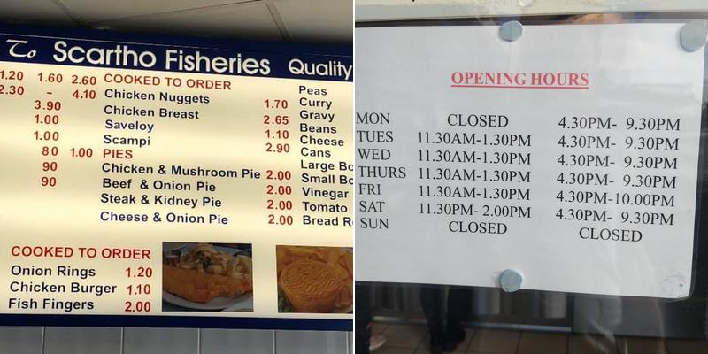 Scartho Fisheries Menu